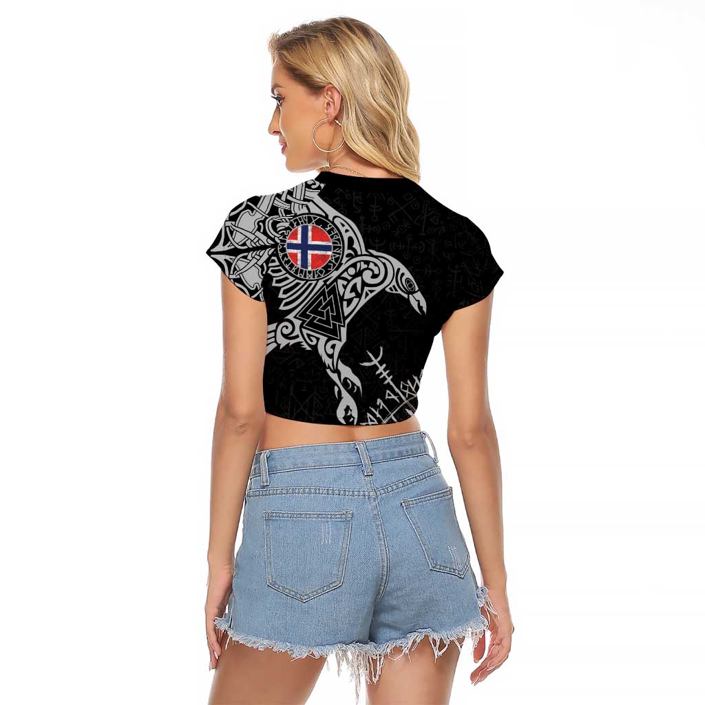 Norway Viking Ravens Raglan Cropped T Shirt Vegvisir Runes Pattern - Wonder Print Shop
