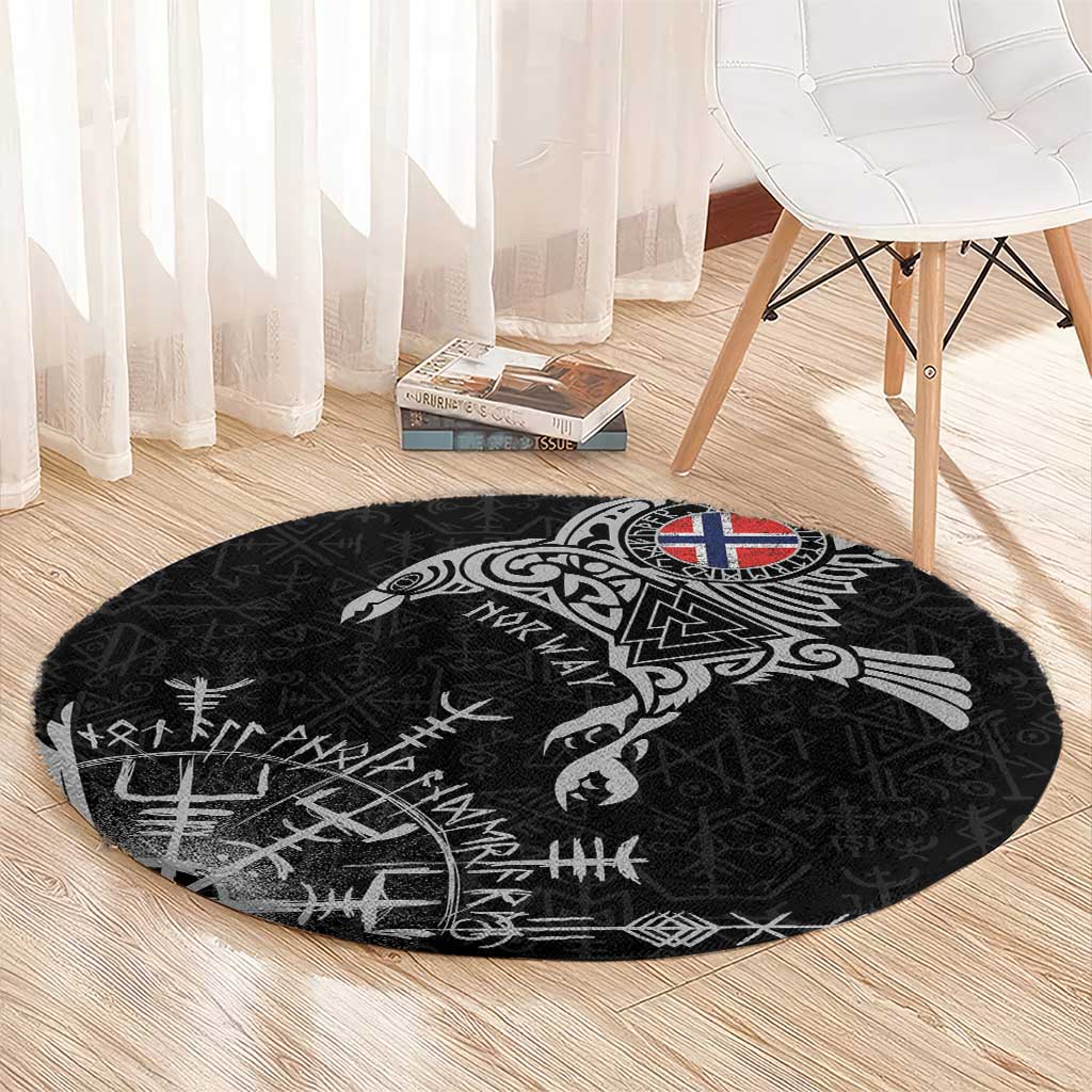 Norway Viking Ravens Round Carpet Vegvisir Runes Pattern - Wonder Print Shop