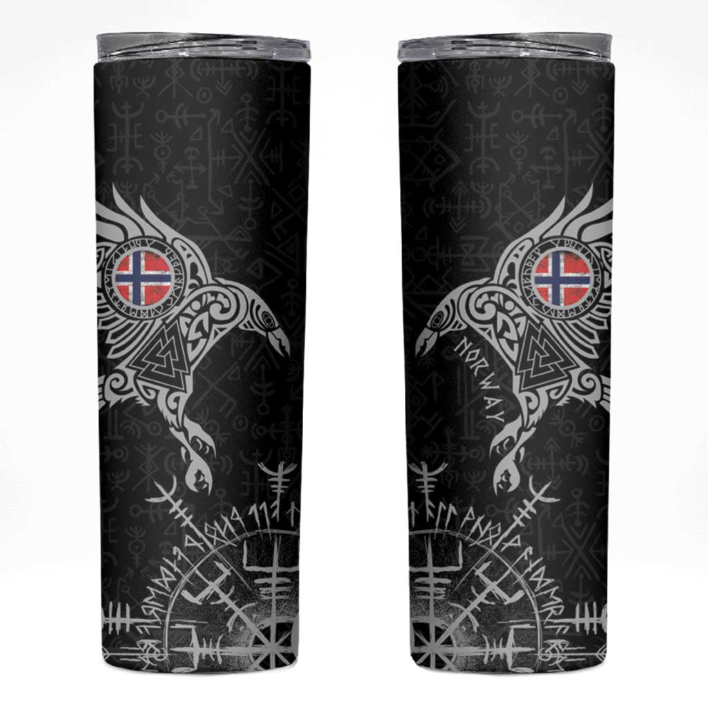 Norway Viking Ravens Skinny Tumbler Vegvisir Runes Pattern - Wonder Print Shop