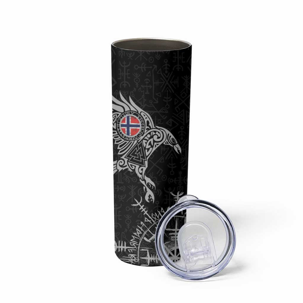 Norway Viking Ravens Skinny Tumbler Vegvisir Runes Pattern - Wonder Print Shop