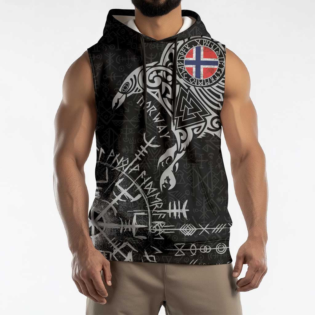 Norway Viking Ravens Sleeveless Hoodie Vegvisir Runes Pattern - Wonder Print Shop