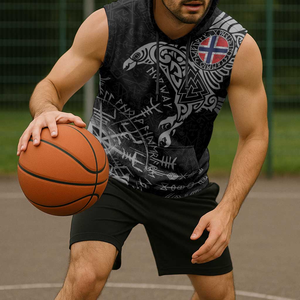 Norway Viking Ravens Sleeveless Hoodie Vegvisir Runes Pattern - Wonder Print Shop