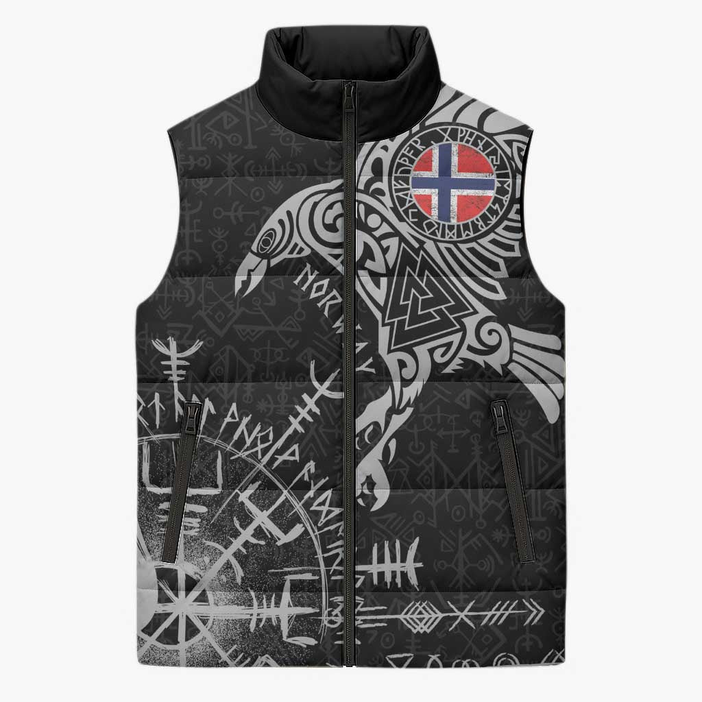 Norway Viking Ravens Sleeveless Puffer Jacket Vegvisir Runes Pattern - Wonder Print Shop