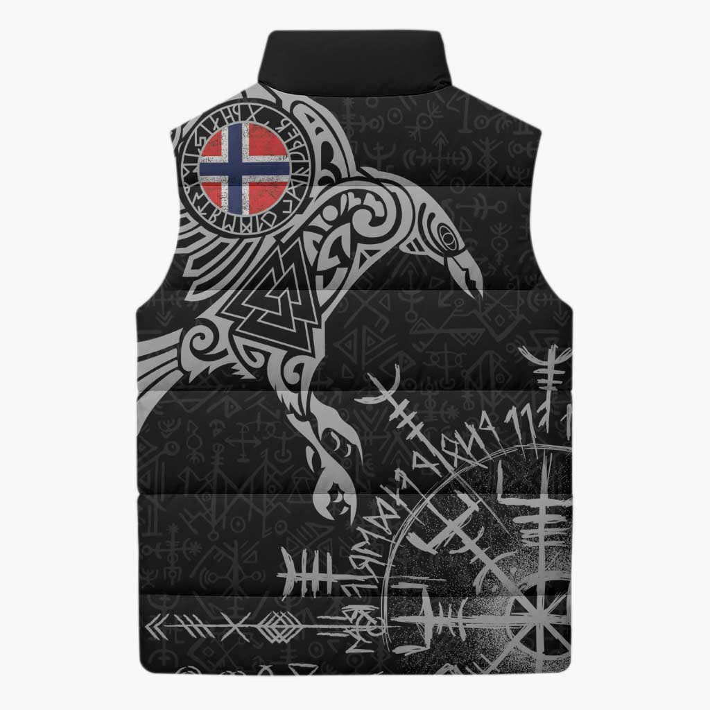 Norway Viking Ravens Sleeveless Puffer Jacket Vegvisir Runes Pattern - Wonder Print Shop