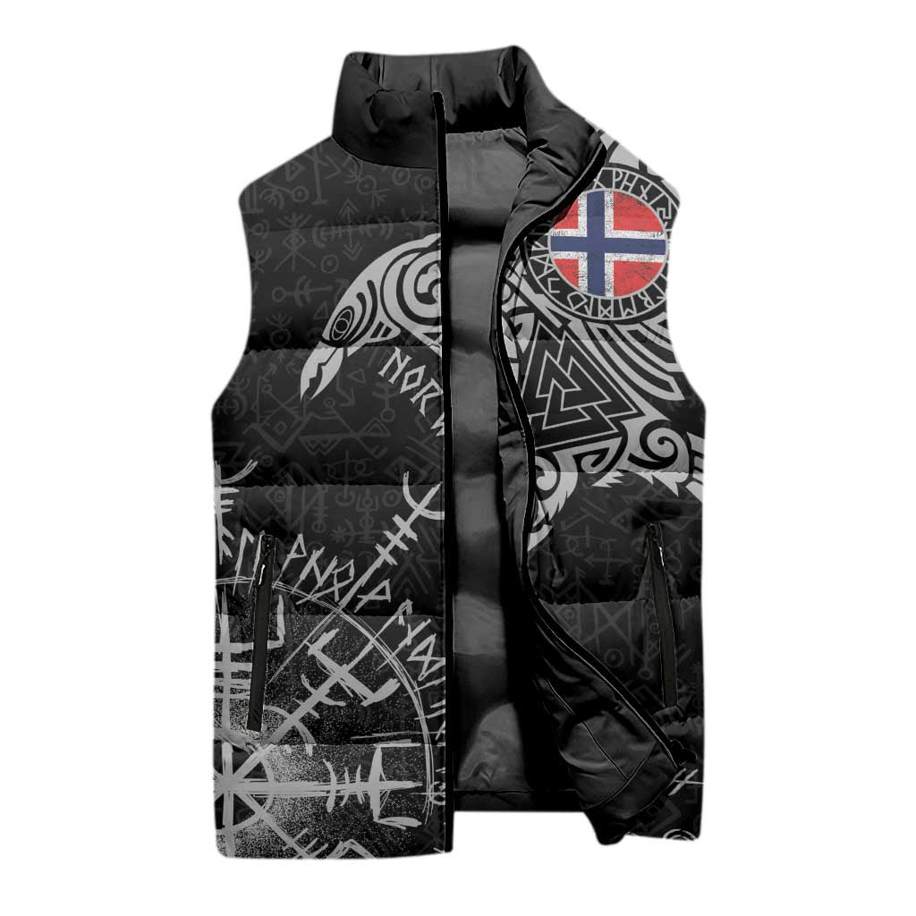 Norway Viking Ravens Sleeveless Puffer Jacket Vegvisir Runes Pattern - Wonder Print Shop