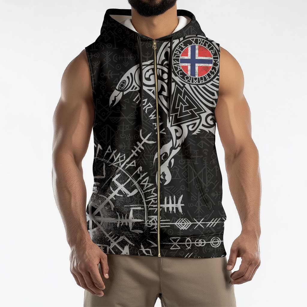 Norway Viking Ravens Sleeveless Zip Hoodie Vegvisir Runes Pattern - Wonder Print Shop
