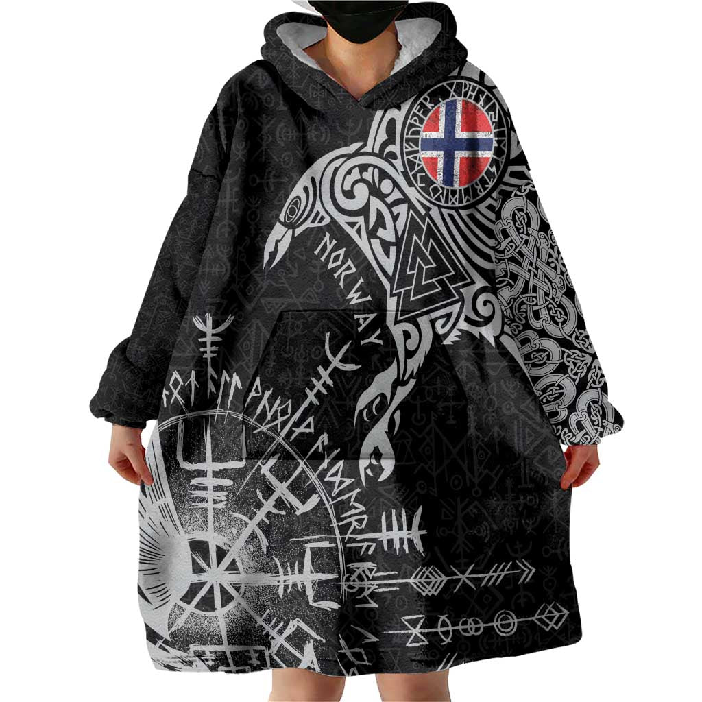 Norway Viking Ravens Wearable Blanket Hoodie Vegvisir Runes Pattern - Wonder Print Shop