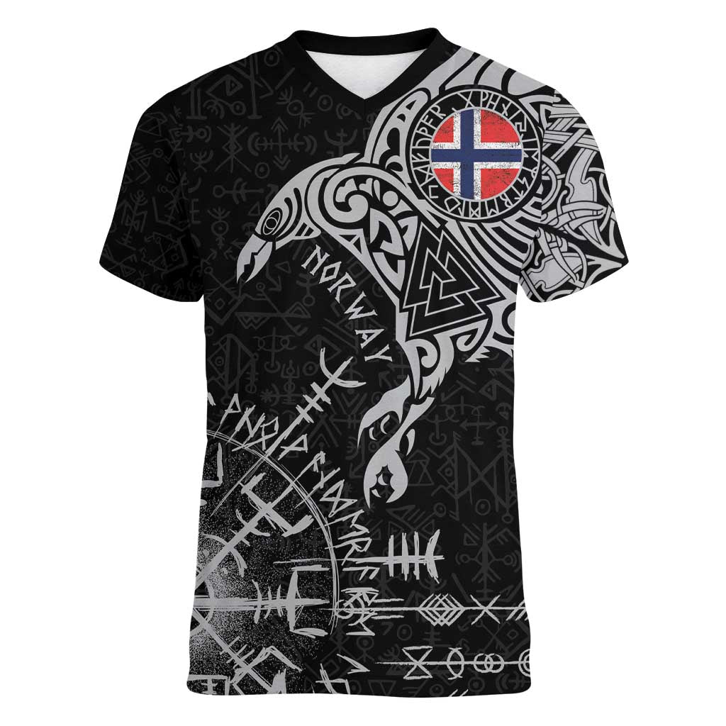 Norway Viking Ravens Women V-Neck T-Shirt Vegvisir Runes Pattern - Wonder Print Shop