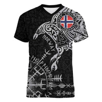 Norway Viking Ravens Women V-Neck T-Shirt Vegvisir Runes Pattern - Wonder Print Shop