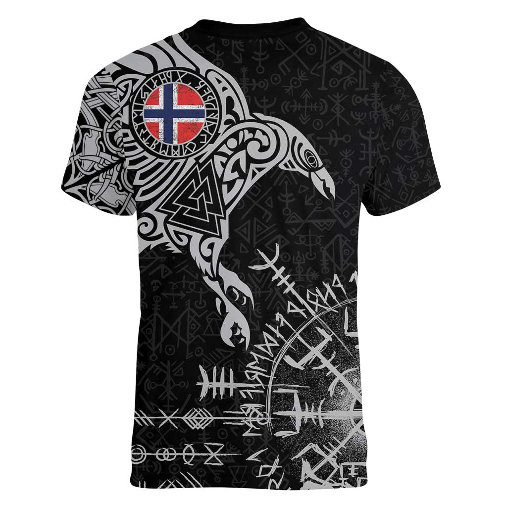 Norway Viking Ravens Women V-Neck T-Shirt Vegvisir Runes Pattern - Wonder Print Shop