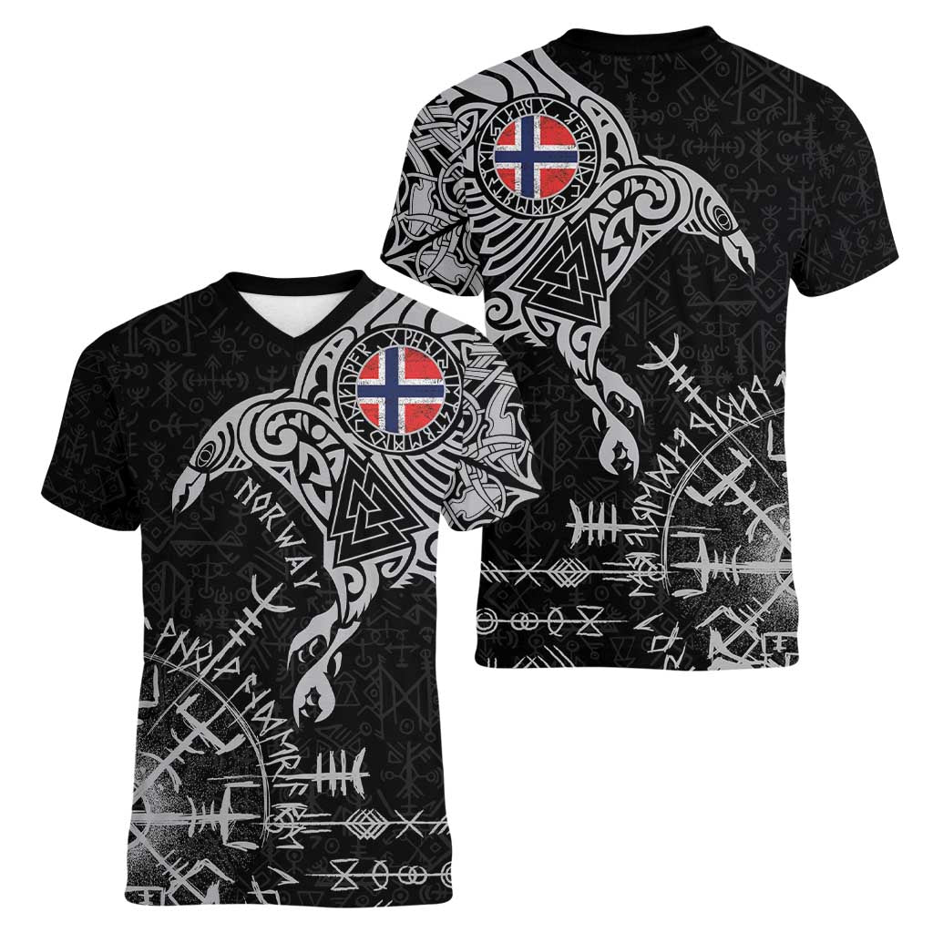 Norway Viking Ravens Women V-Neck T-Shirt Vegvisir Runes Pattern - Wonder Print Shop