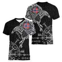 Norway Viking Ravens Women V-Neck T-Shirt Vegvisir Runes Pattern - Wonder Print Shop