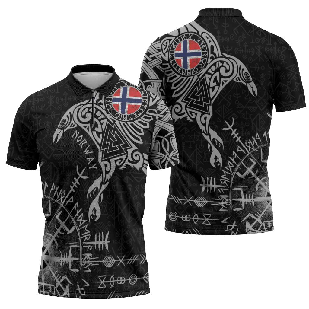 Norway Viking Ravens Zipper Polo Shirt Vegvisir Runes Pattern - Wonder Print Shop