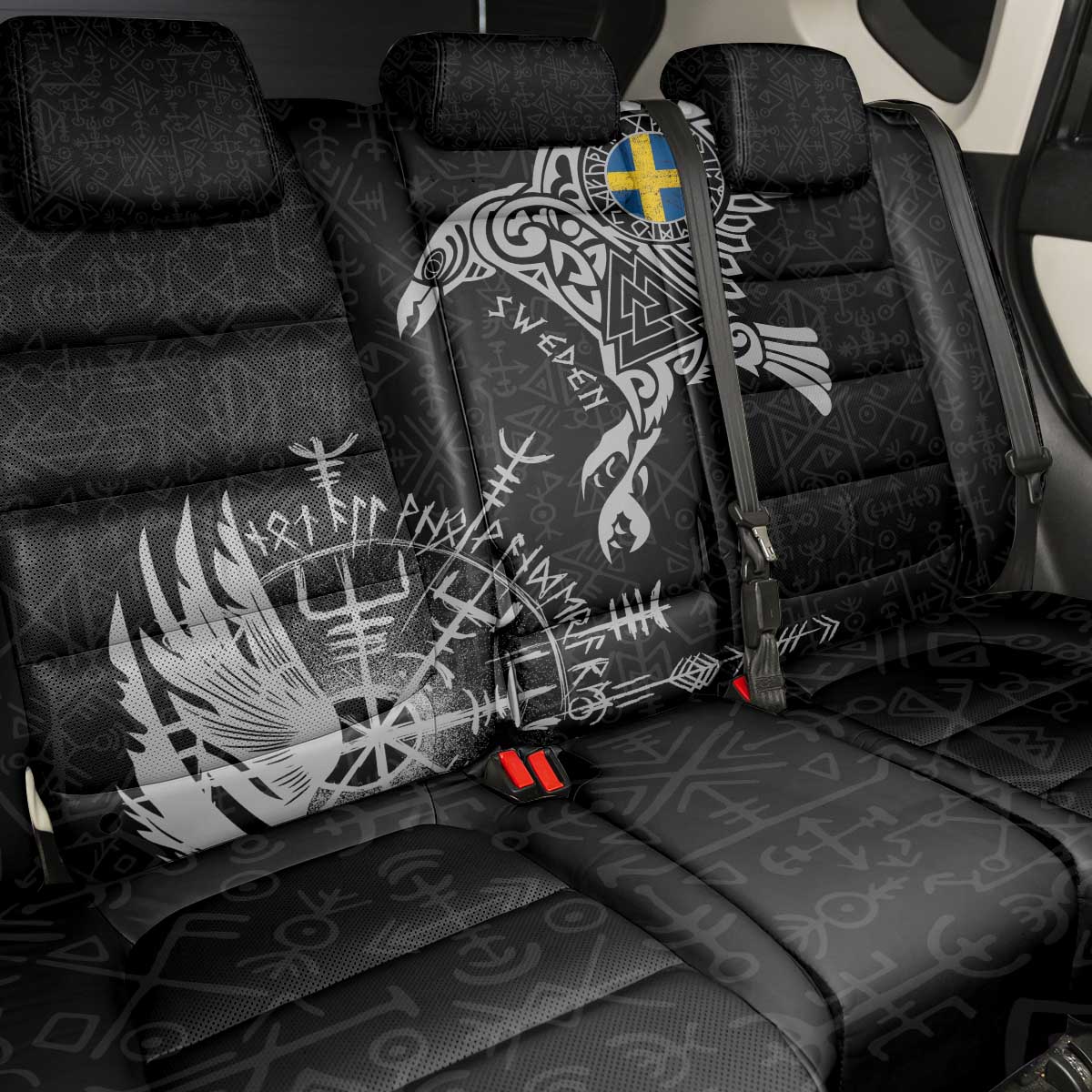 Sweden Viking Ravens Back Car Seat Cover Vegvisir Runes Pattern - Wonder Print Shop