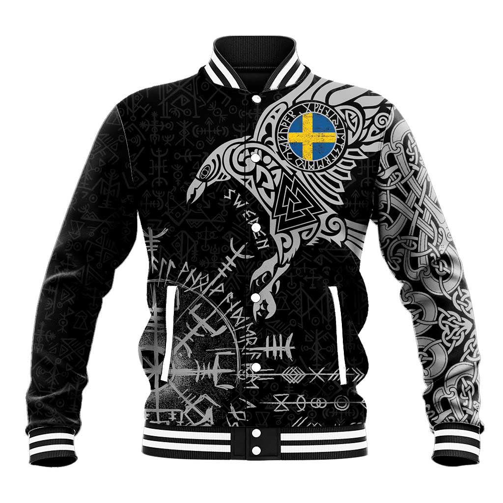 Sweden Viking Ravens Baseball Jacket Vegvisir Runes Pattern - Wonder Print Shop