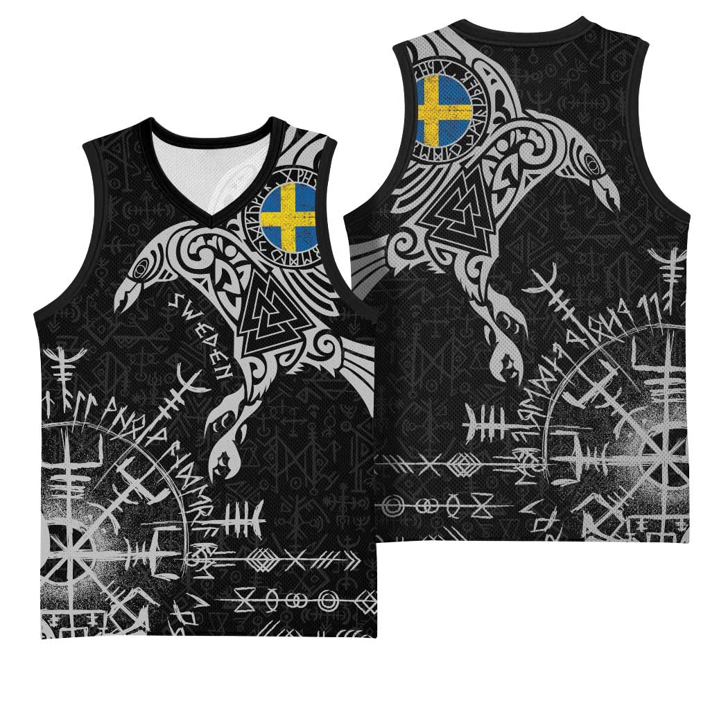 Sweden Viking Ravens Basketball Jersey Vegvisir Runes Pattern - Wonder Print Shop