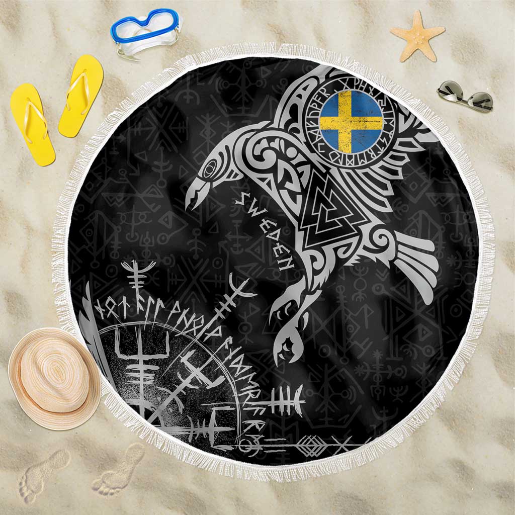 Sweden Viking Ravens Beach Blanket Vegvisir Runes Pattern - Wonder Print Shop