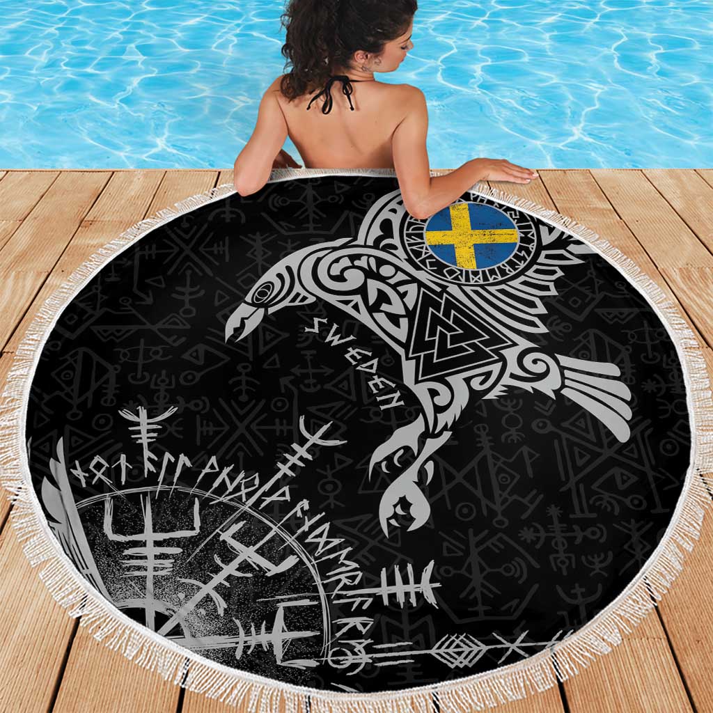Sweden Viking Ravens Beach Blanket Vegvisir Runes Pattern - Wonder Print Shop