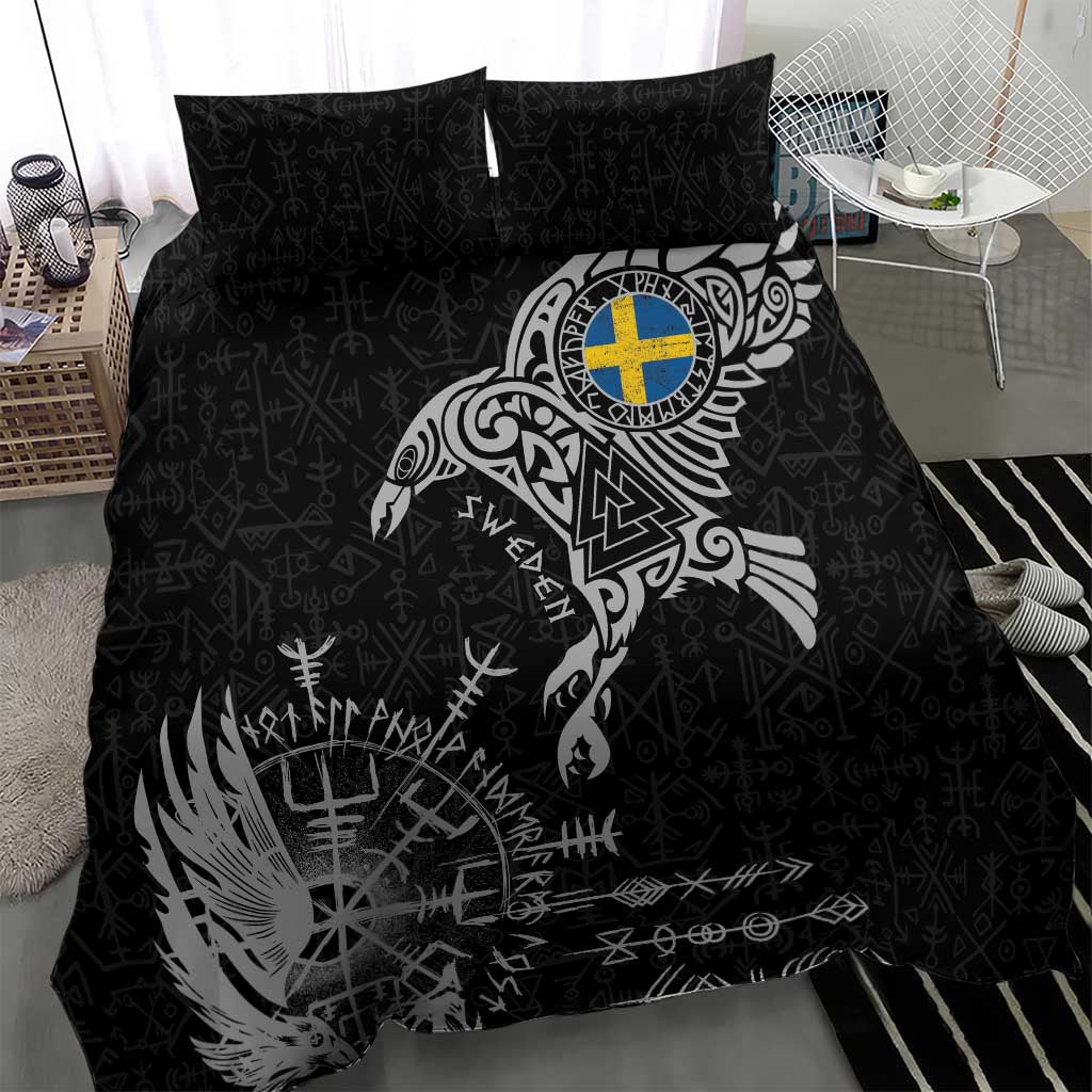 Sweden Viking Ravens Bedding Set Vegvisir Runes Pattern - Wonder Print Shop