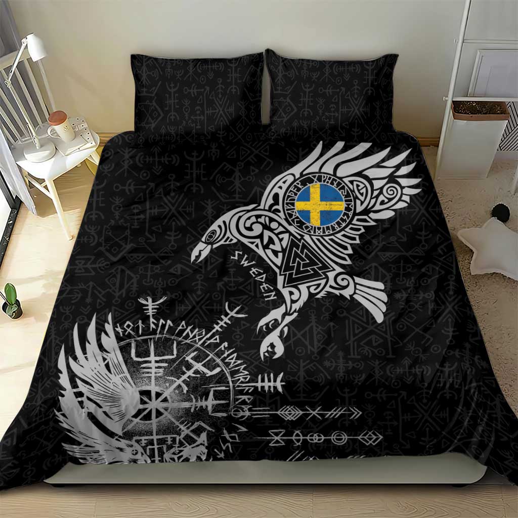 Sweden Viking Ravens Bedding Set Vegvisir Runes Pattern - Wonder Print Shop