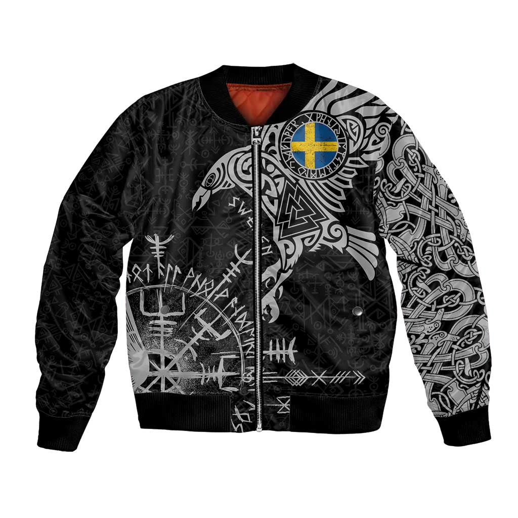 Sweden Viking Ravens Bomber Jacket Vegvisir Runes Pattern - Wonder Print Shop