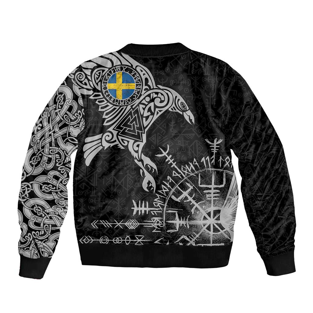 Sweden Viking Ravens Bomber Jacket Vegvisir Runes Pattern - Wonder Print Shop