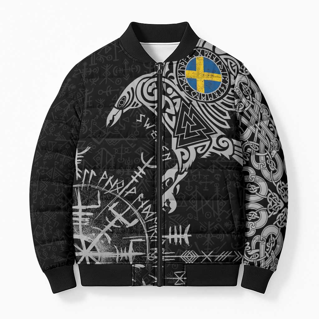 Sweden Viking Ravens Bomber Puffer Jacket Vegvisir Runes Pattern - Wonder Print Shop