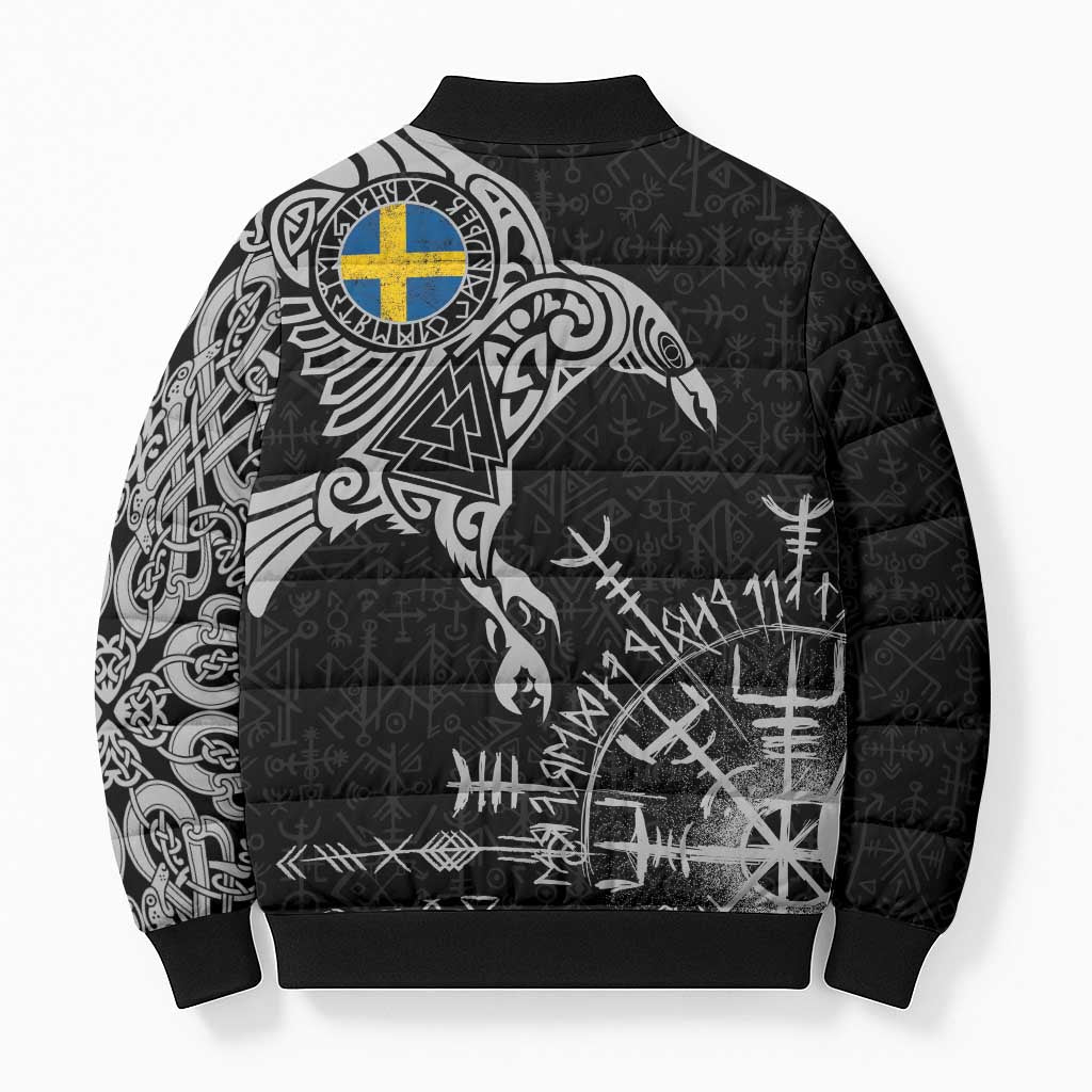 Sweden Viking Ravens Bomber Puffer Jacket Vegvisir Runes Pattern - Wonder Print Shop