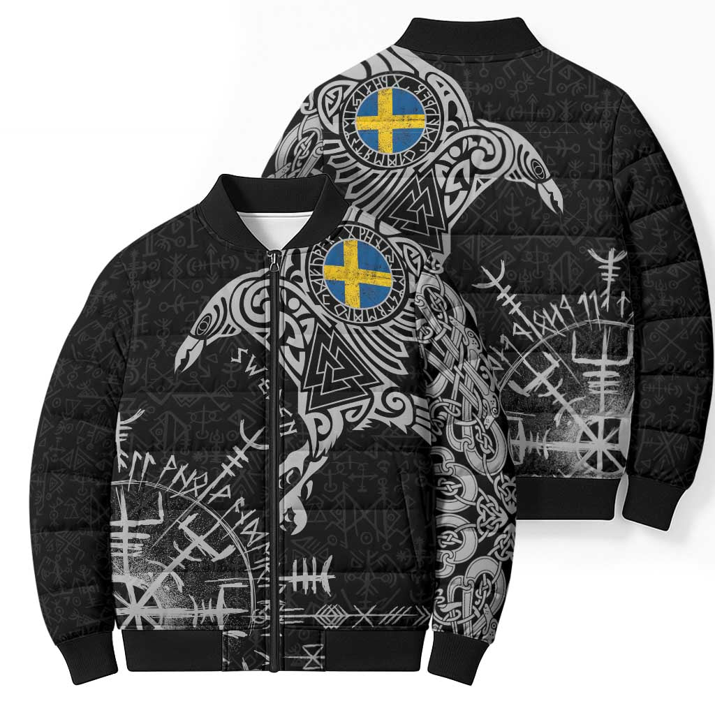 Sweden Viking Ravens Bomber Puffer Jacket Vegvisir Runes Pattern - Wonder Print Shop