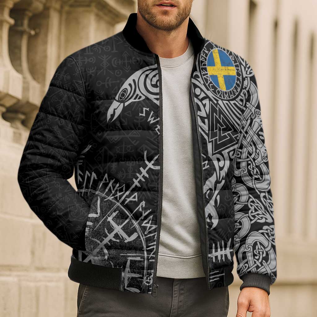 Sweden Viking Ravens Bomber Puffer Jacket Vegvisir Runes Pattern - Wonder Print Shop