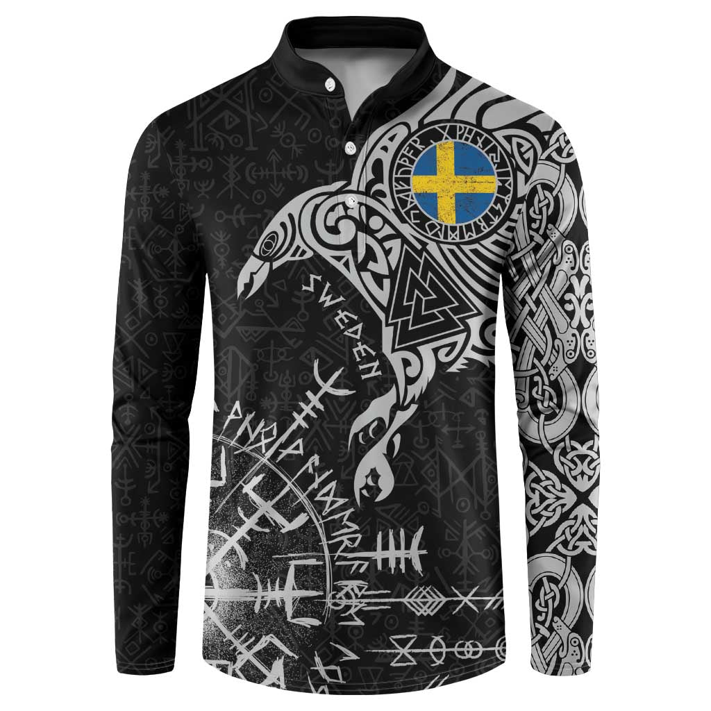 Sweden Viking Ravens Button Sweatshirt Vegvisir Runes Pattern - Wonder Print Shop