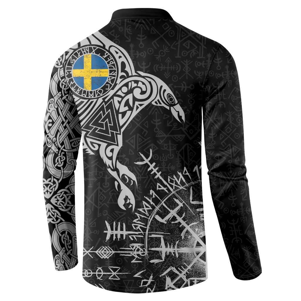 Sweden Viking Ravens Button Sweatshirt Vegvisir Runes Pattern - Wonder Print Shop