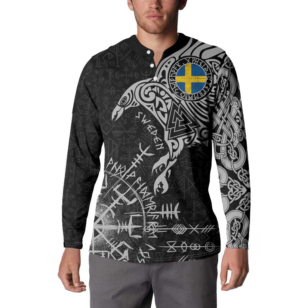 Sweden Viking Ravens Button Sweatshirt Vegvisir Runes Pattern - Wonder Print Shop