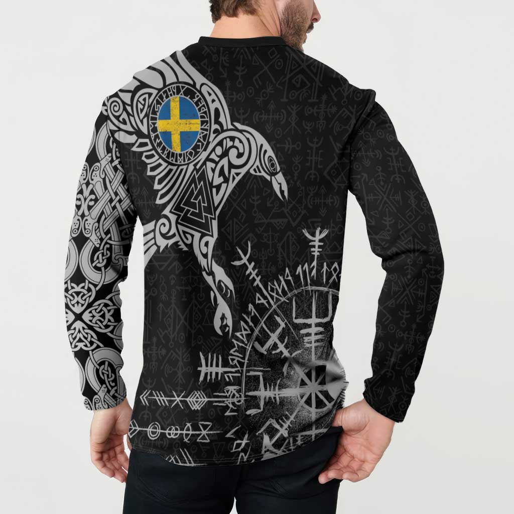 Sweden Viking Ravens Button Sweatshirt Vegvisir Runes Pattern - Wonder Print Shop