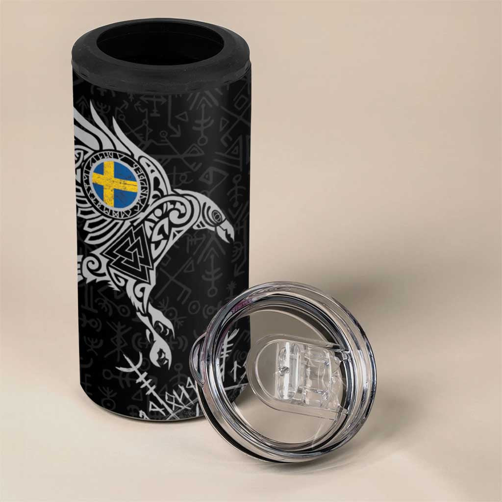 Sweden Viking Ravens 4 in 1 Can Cooler Tumbler Vegvisir Runes Pattern - Wonder Print Shop