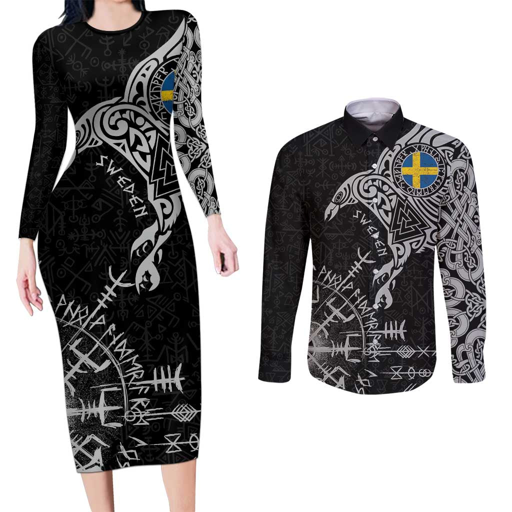 Sweden Viking Ravens Couples Matching Long Sleeve Bodycon Dress and Long Sleeve Button Shirt Vegvisir Runes Pattern - Wonder Print Shop