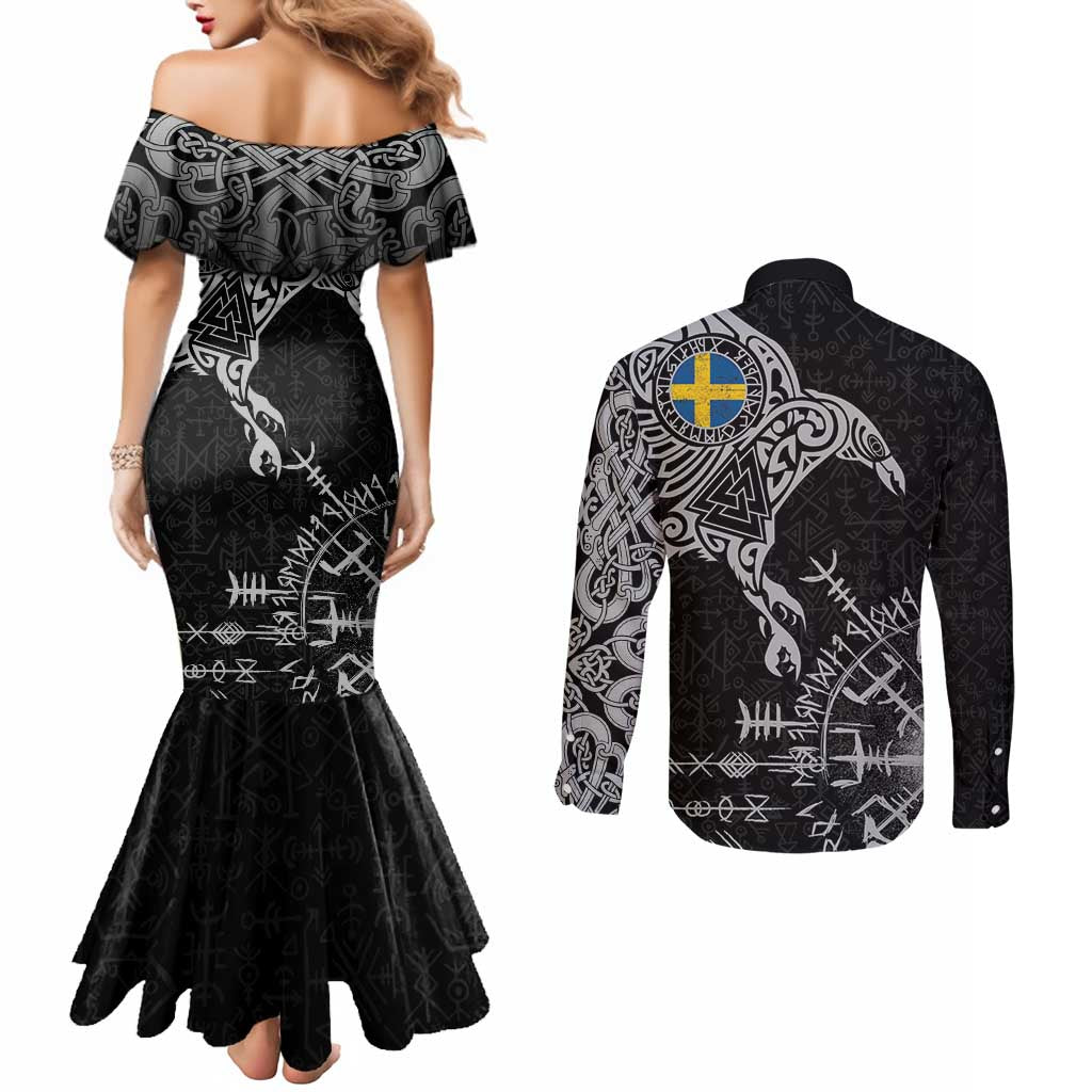 Sweden Viking Ravens Couples Matching Mermaid Dress and Long Sleeve Button Shirt Vegvisir Runes Pattern - Wonder Print Shop