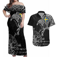Sweden Viking Ravens Couples Matching Off Shoulder Maxi Dress and Hawaiian Shirt Vegvisir Runes Pattern - Wonder Print Shop
