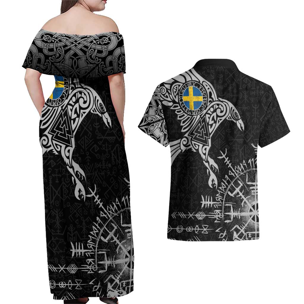 Sweden Viking Ravens Couples Matching Off Shoulder Maxi Dress and Hawaiian Shirt Vegvisir Runes Pattern - Wonder Print Shop