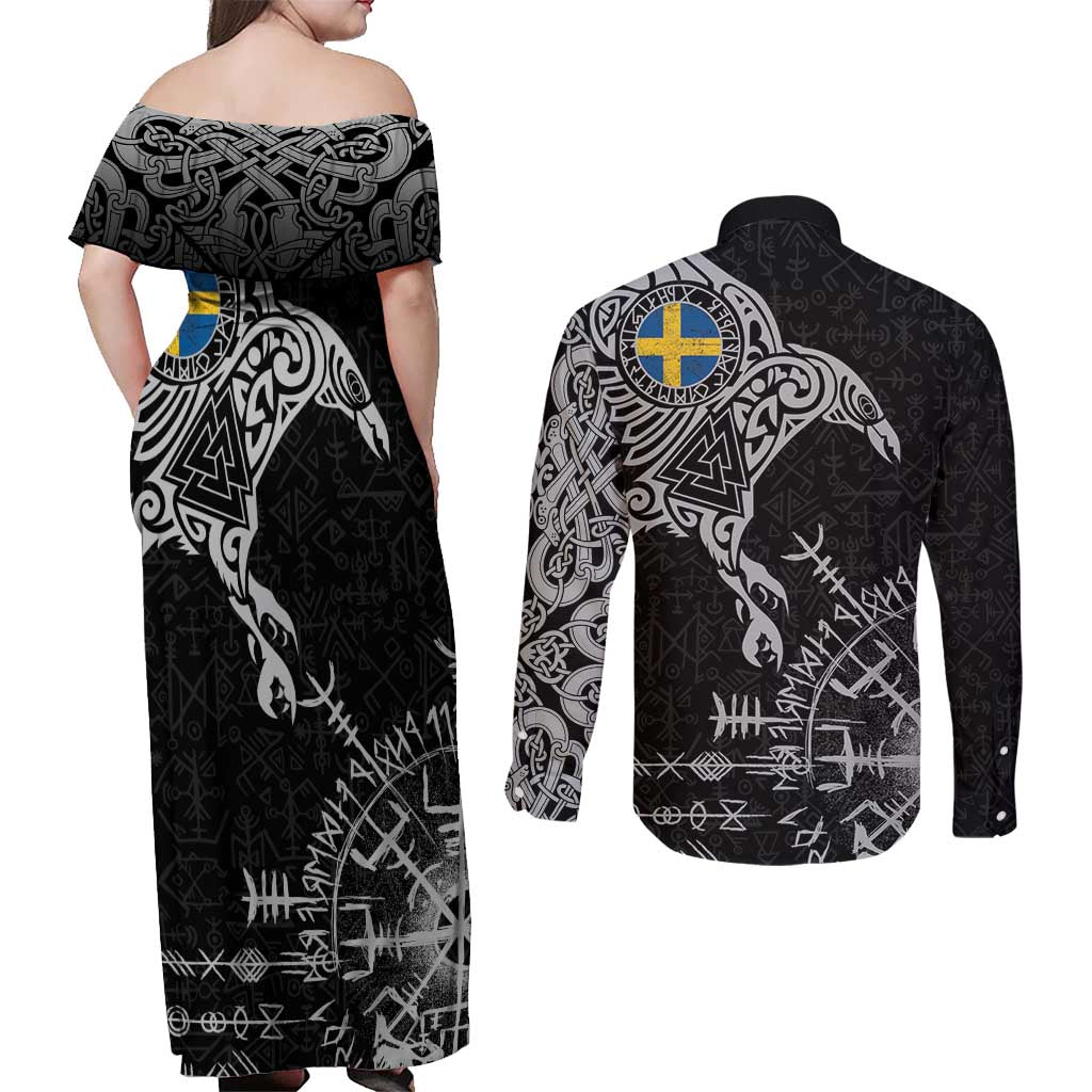 Sweden Viking Ravens Couples Matching Off Shoulder Maxi Dress and Long Sleeve Button Shirt Vegvisir Runes Pattern - Wonder Print Shop