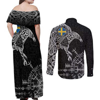 Sweden Viking Ravens Couples Matching Off Shoulder Maxi Dress and Long Sleeve Button Shirt Vegvisir Runes Pattern - Wonder Print Shop