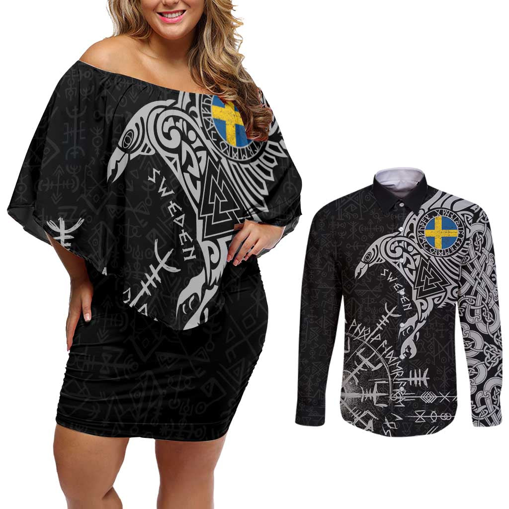 Sweden Viking Ravens Couples Matching Off Shoulder Short Dress and Long Sleeve Button Shirt Vegvisir Runes Pattern - Wonder Print Shop
