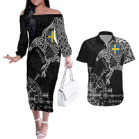 Sweden Viking Ravens Couples Matching Off The Shoulder Long Sleeve Dress and Hawaiian Shirt Vegvisir Runes Pattern - Wonder Print Shop