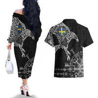Sweden Viking Ravens Couples Matching Off The Shoulder Long Sleeve Dress and Hawaiian Shirt Vegvisir Runes Pattern - Wonder Print Shop