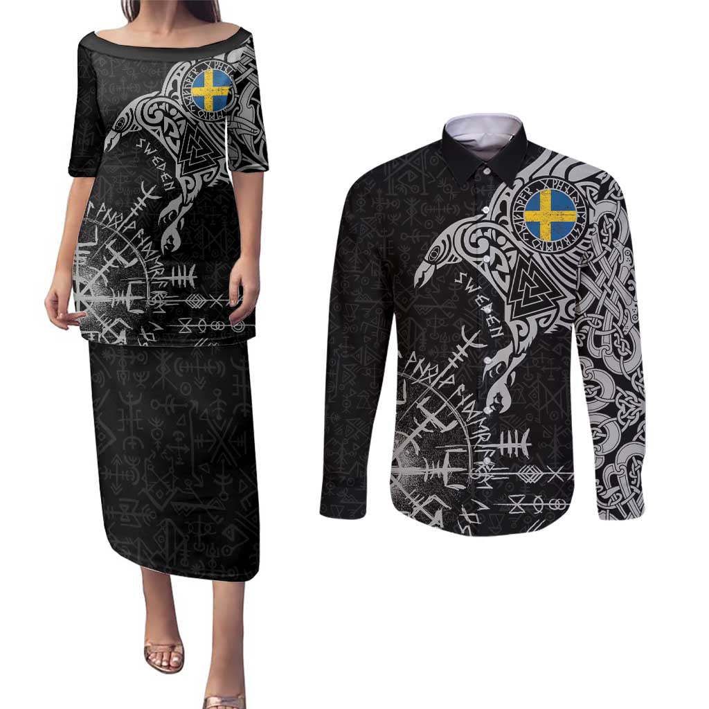 Sweden Viking Ravens Couples Matching Puletasi and Long Sleeve Button Shirt Vegvisir Runes Pattern - Wonder Print Shop