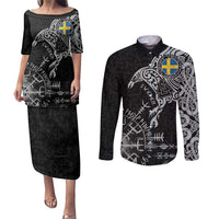 Sweden Viking Ravens Couples Matching Puletasi and Long Sleeve Button Shirt Vegvisir Runes Pattern - Wonder Print Shop