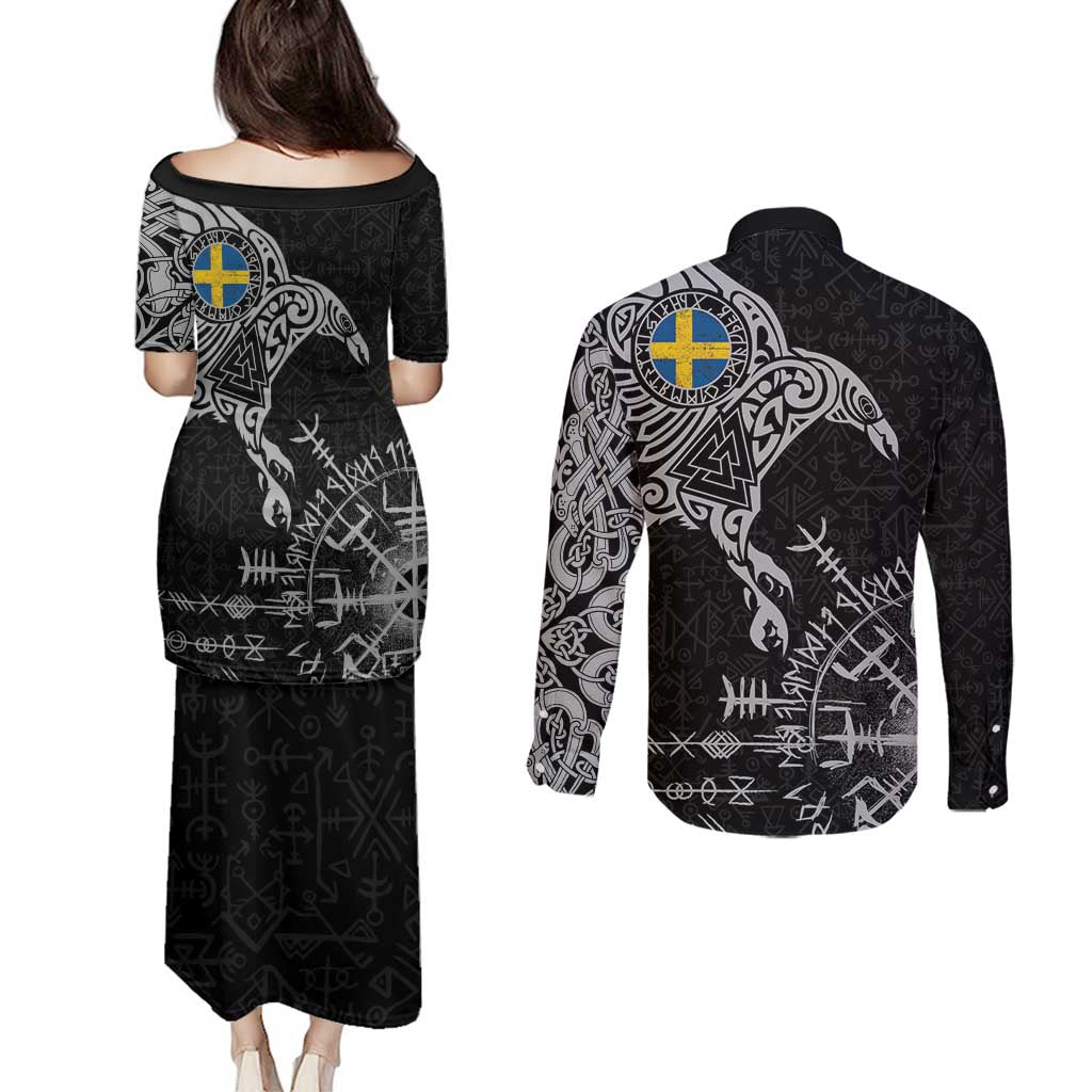 Sweden Viking Ravens Couples Matching Puletasi and Long Sleeve Button Shirt Vegvisir Runes Pattern - Wonder Print Shop