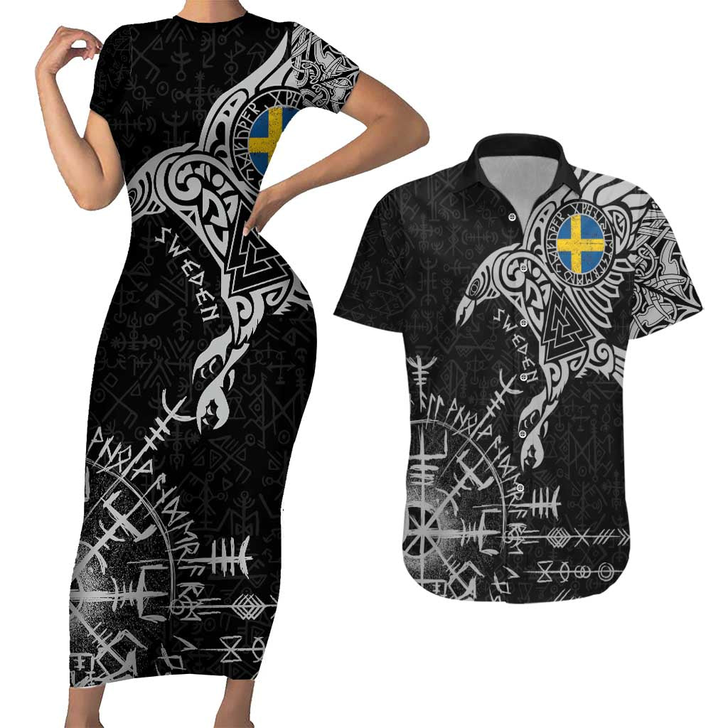 Sweden Viking Ravens Couples Matching Short Sleeve Bodycon Dress and Hawaiian Shirt Vegvisir Runes Pattern - Wonder Print Shop