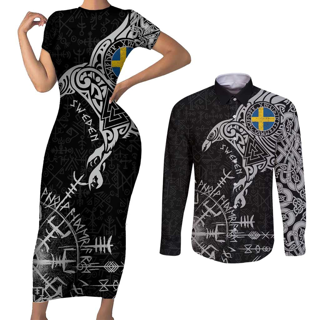 Sweden Viking Ravens Couples Matching Short Sleeve Bodycon Dress and Long Sleeve Button Shirt Vegvisir Runes Pattern - Wonder Print Shop