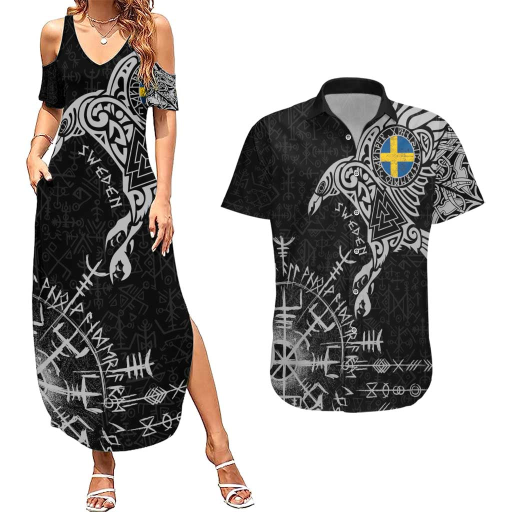 Sweden Viking Ravens Couples Matching Summer Maxi Dress and Hawaiian Shirt Vegvisir Runes Pattern - Wonder Print Shop